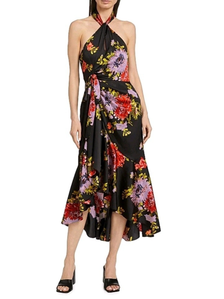 Cinq Sept Nwt Sz 6 Josie Floral High-Low Halterneck Dress Black Formal Luxury